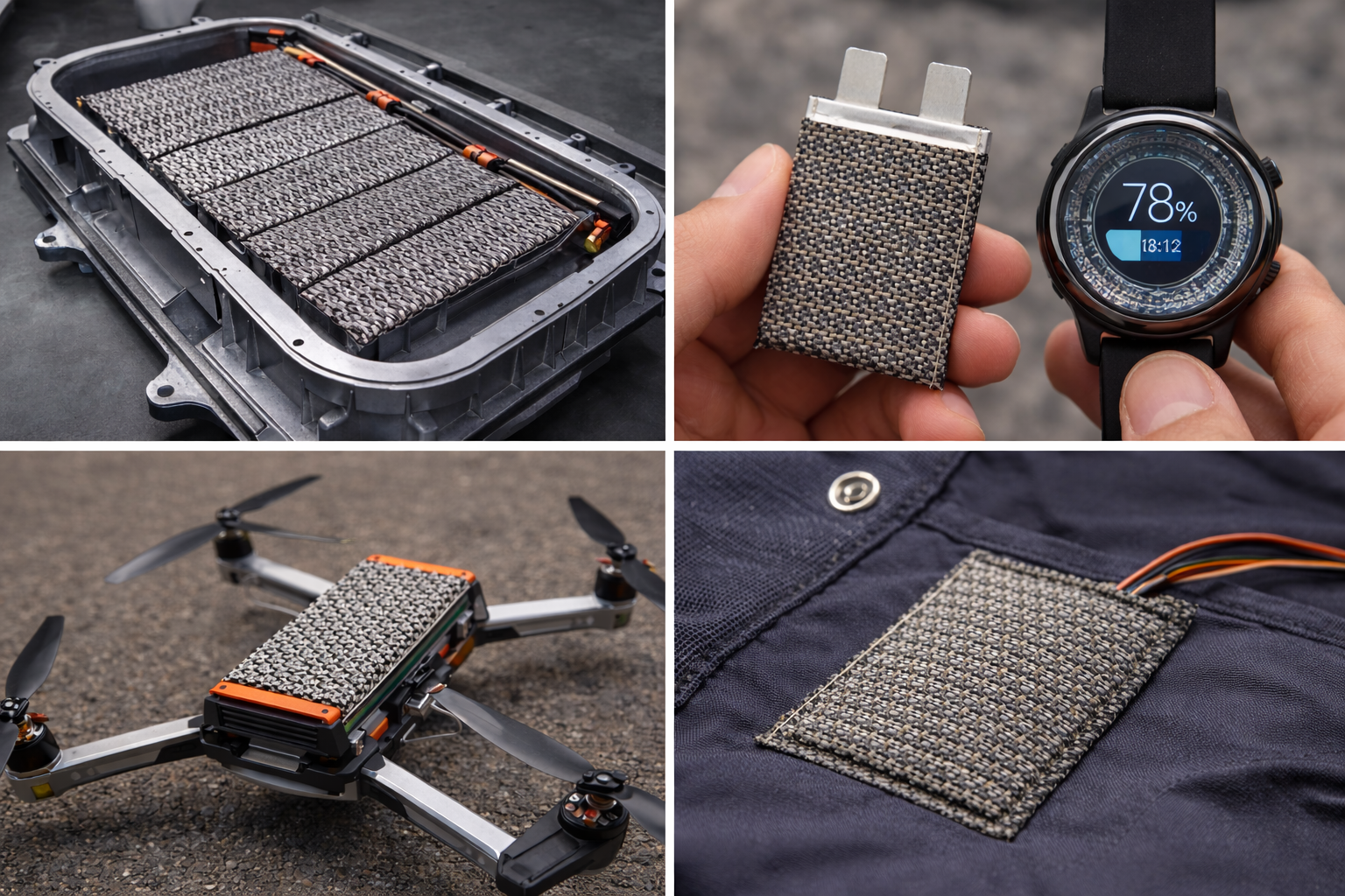 Illustrative concepts showing integrated energy modules for vehicles, compact devices, UAVs, and embedded textile formats.